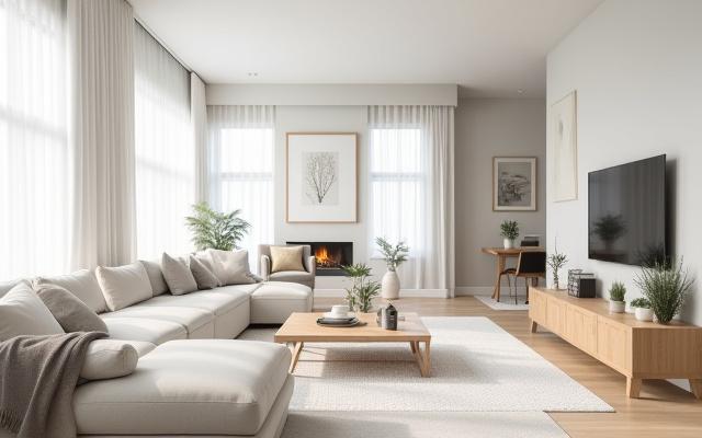 Skandinavisk minimalistisk stue med lyst tre og dempede farger